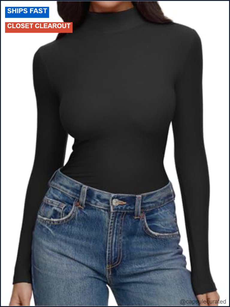 Slim Mock Neck Long Sleeve Shirt - Ribbed Stretch Turtleneck Top Layer